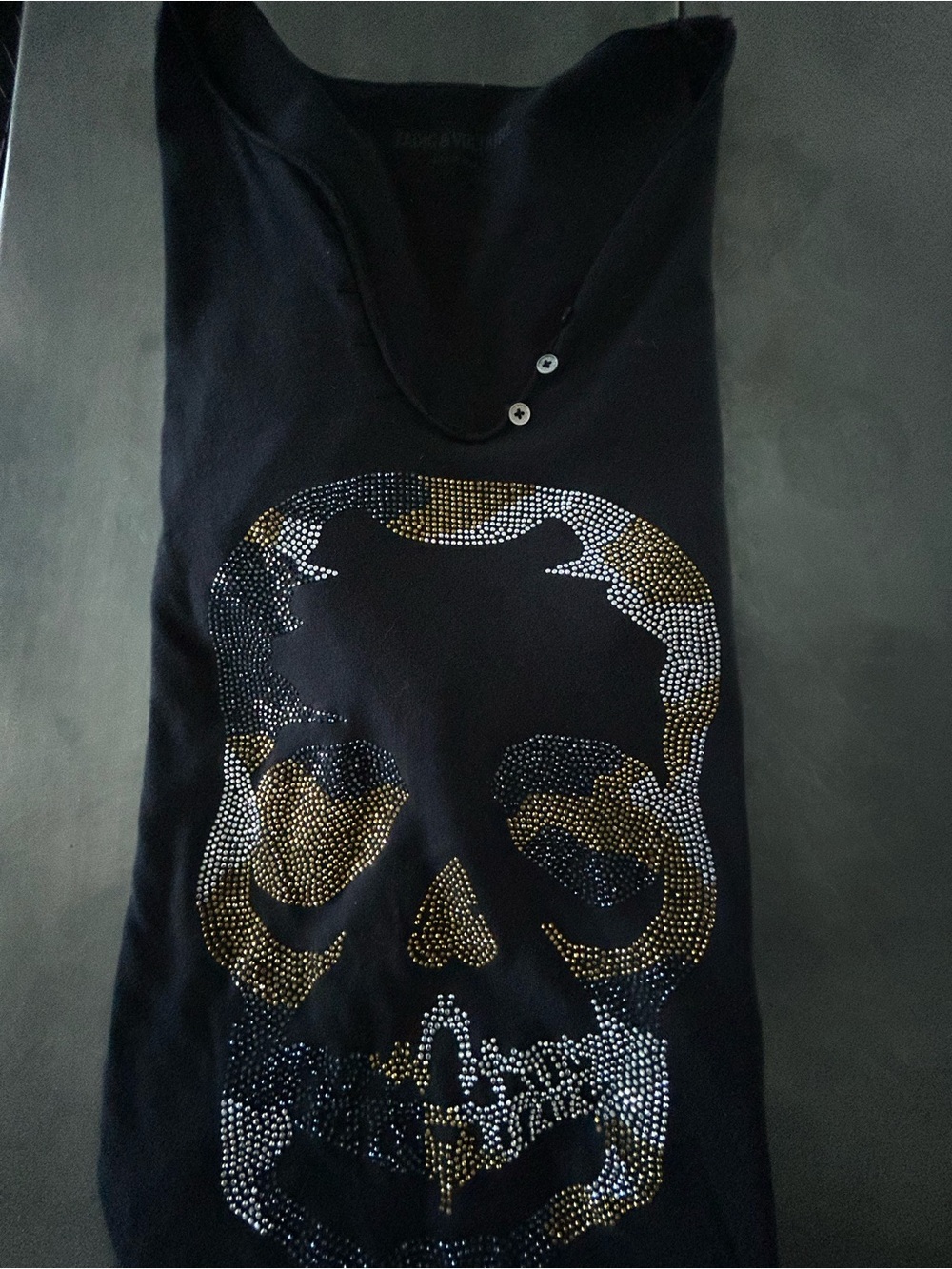 Zadig & Voltaire Black Long Sleeve Tee with Gold & Silver Skull Rhinestones